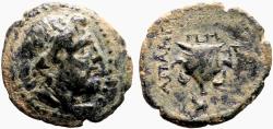 Ancient Coins - Phrygia, Apameia AE18 Zeus / Helmet on meander