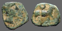 Ancient Coins - Spain, Castulo AE15 Semis Male bust / bull w. crescent above 