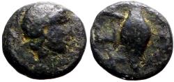 Ancient Coins - Thrace, Chersonesos AE9 helmeted Athena / Grain kernel