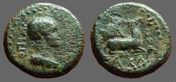 Ancient Coins - Lydia, Hierocaesarea AE16. Artemis grasps stag's antlers