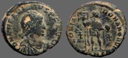 Ancient Coins - Arcadius AE20 Follis. Arcadius stg. w. labarum & globe.  Constantinople