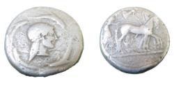 Ancient Coins - Sicily Syracuse AR tetradrachm- 16.29 gram, minted ca 485-478BC obv: slow chariot driven by charioteer, with Nike flying above, crowning the horses rev