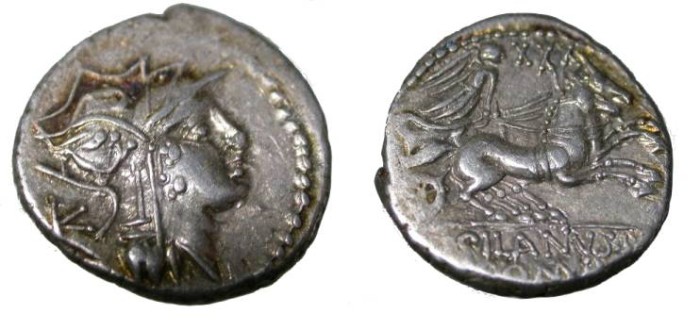Ancient Coins - D JUNIUS SILANUS AR silver denarius. Struck 91 BC.