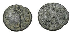 Ancient Coins - Arab Byzantine Anonymous 690's AD AE20 Fals Standing Caliph Type MANBIJ
