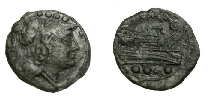 Ancient Coins - Roman Republican AE Triens Uncial 217-197 BC Hd Minerva Rv Prow Galley BMC 34/5 Syd 231B