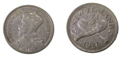 World Coins - 1936 New Zealand  AR 3 Pence George V