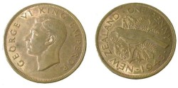 World Coins - 1943 New Zealand George VI Penny Y-8