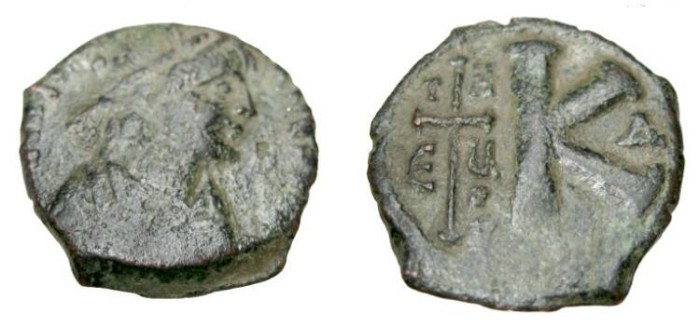 Ancient Coins - Justinian I 527-565 AE 1/2 Follis Theoupolis