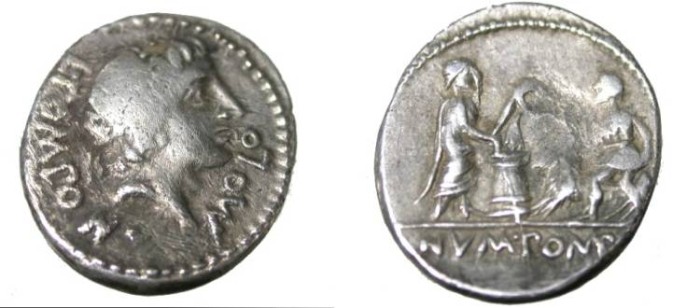 Ancient Coins - L. Pomponius Molo. Ca. 97 BC. AR denarius. Apollo / Numa sacrificing.