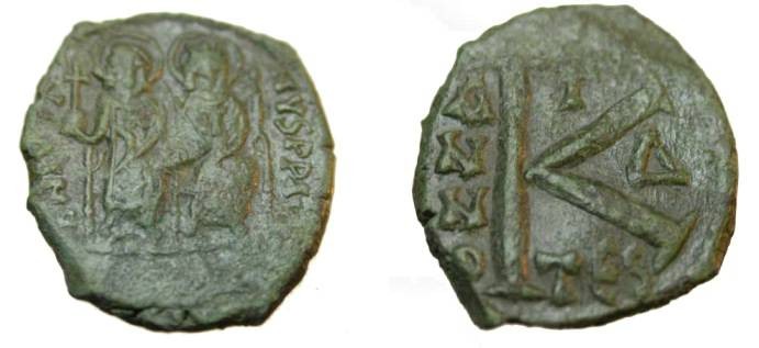 Ancient Coins - Justin II with Sophia AE Follis Thessalonika
