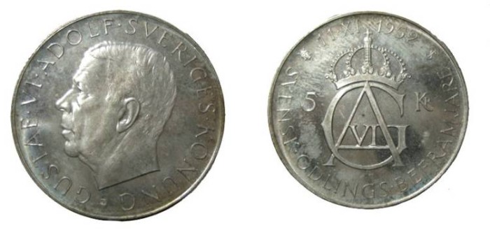World Coins - Sweden Gustav VI A 1952 5 Kroner Proof (Hazy)