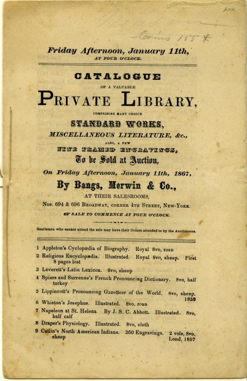 US Coins - Bangs, Merwin & Co.: Catalogue of a valuable Private Library comprising many choice standard works, miscellaneous literature; also a few framed engravings
