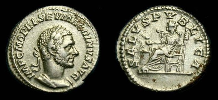 Ancient Coins - Macrinus.  Ar denarius.  217-218 AD.  Salus.