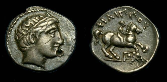 Ancient Coins - Philip II.  Ar 1/5 stater.  359-336 BC.  Super detail.