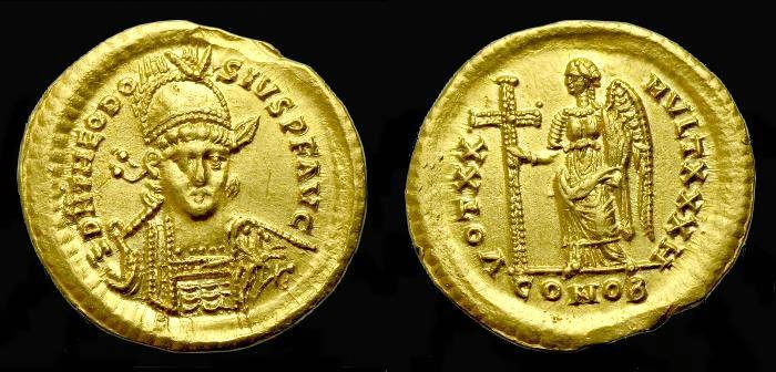 Ancient Coins - Theodosius II.  Au solidus.  C. 420-422 AD.  Constantinople mint.  SCARCE.
