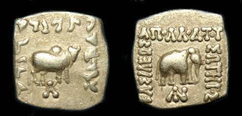 Ancient Coins - Apollodotos I.  Ar square drachm.  160-150 BC.