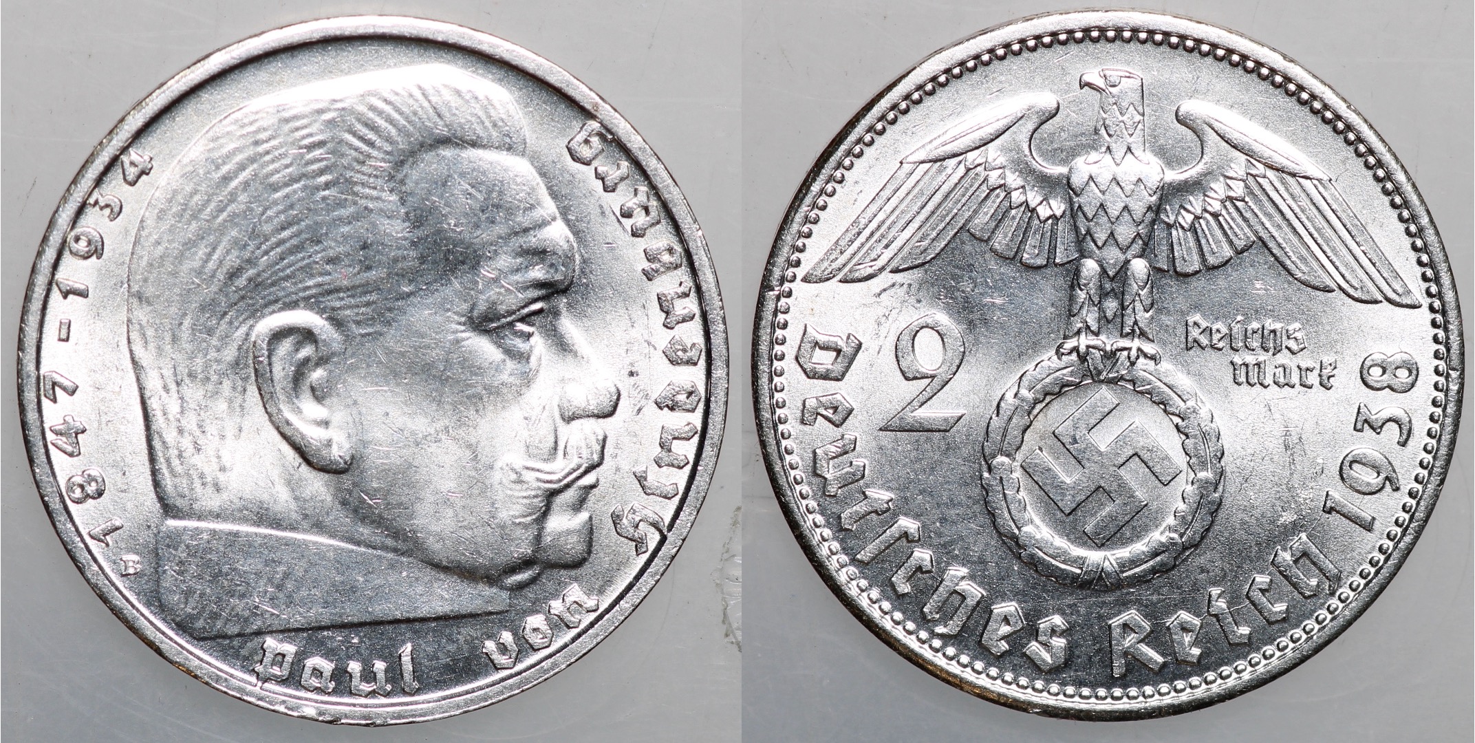 Nazi Germany, 1938 B, Silver 2 Reichsmarks, UNC | European Coins