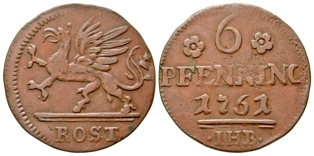 German States, Rostock, 1761 AE 6 Pfennig with Griffin | European Coins