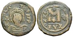 Ancient Coins - Maurice Tiberius, 582 - 602 AD, Follis of Cyzicus, 27mm