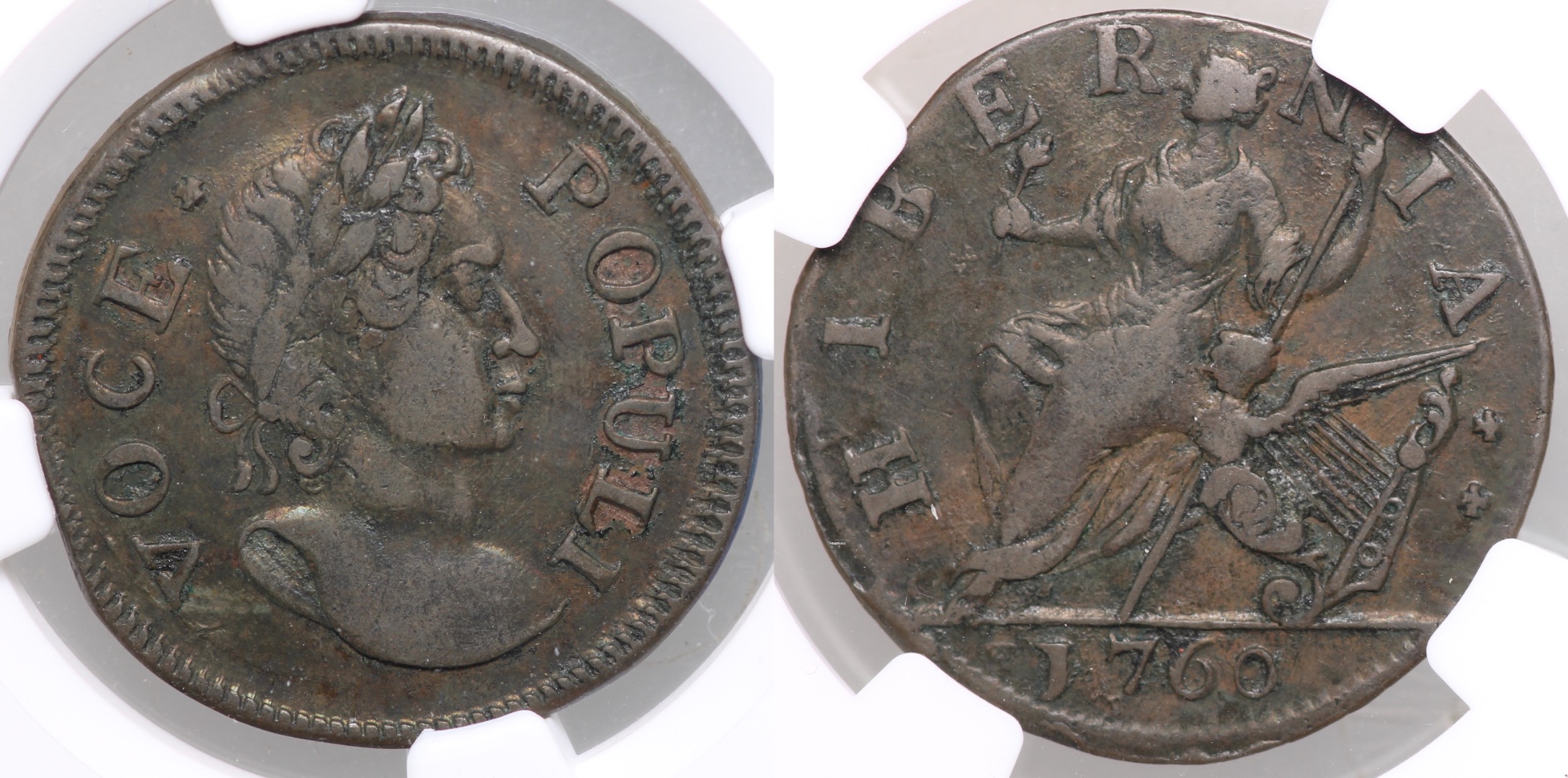 Hibernia Halfpenny, 1760, NGC XF40 Colonials
