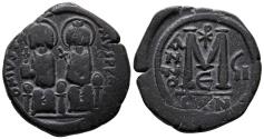 Ancient Coins - Justin II with Sophia, 565 - 578 AD, Follis of Constantinople with Christogram