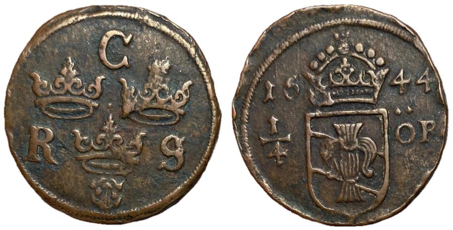World Coins - Sweden, Christina, 1644 1/4 Ore, 31mm