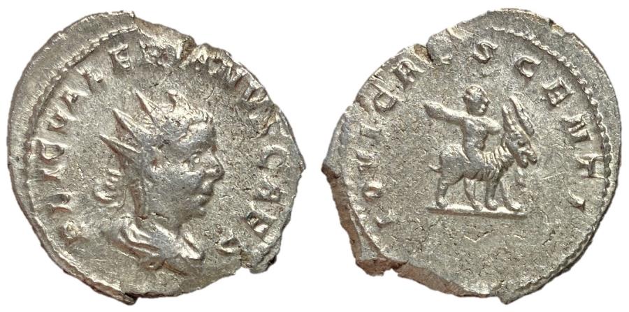 Ancient Coins - Valerian II, Caesar, 253 - 255 AD, Silver Antoninianus, Jupiter Riding Goat