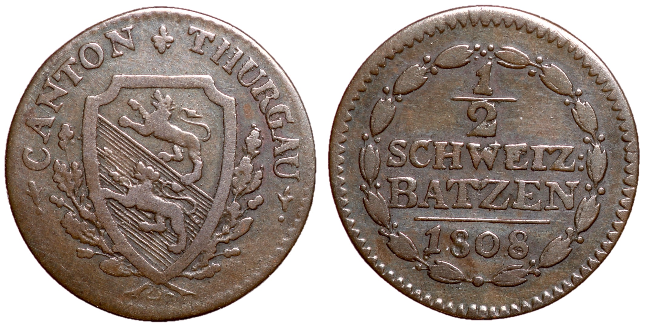 Switzerland, Thurgau, 1808 Billon 1/2 Batzen | European Coins