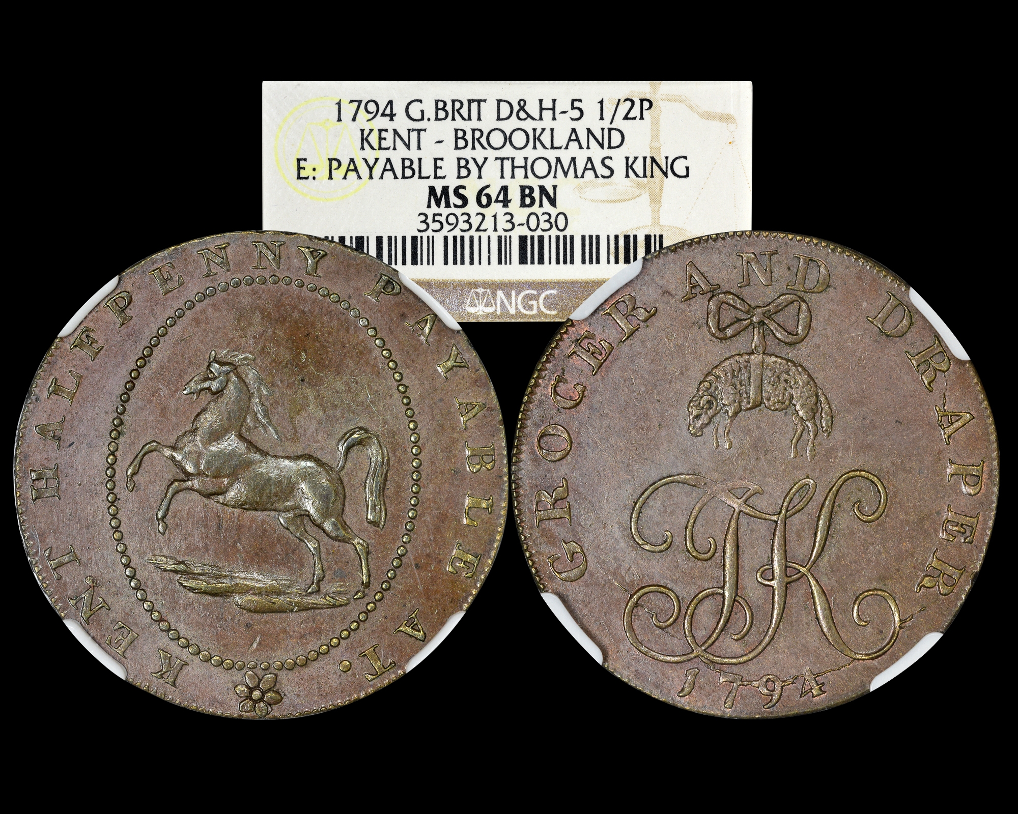 Kent, Brookland, 1794 Conder Halfpenny, NGC MS 64 | European Coins