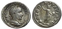 Ancient Coins - Gordian III, 238 - 244 AD, Silver Denarius, Sol, Toned
