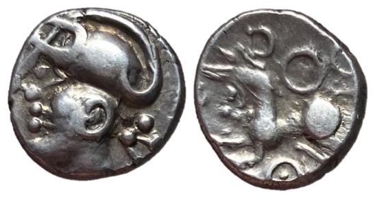 Ancient Celtic tribal, 100-1 B.C.E. Silver outlet Quinarius. Abstract head. Reverse, horse