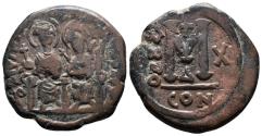 Ancient Coins - Justin II with Sophia, 565 - 578 AD, Follis of Constantinople, 30mm