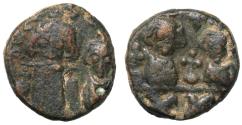 Ancient Coins - Constans II with Constantine, Heraclius and Tiberius, 641 - 668 AD, Very Rare Half Follis of Carthage