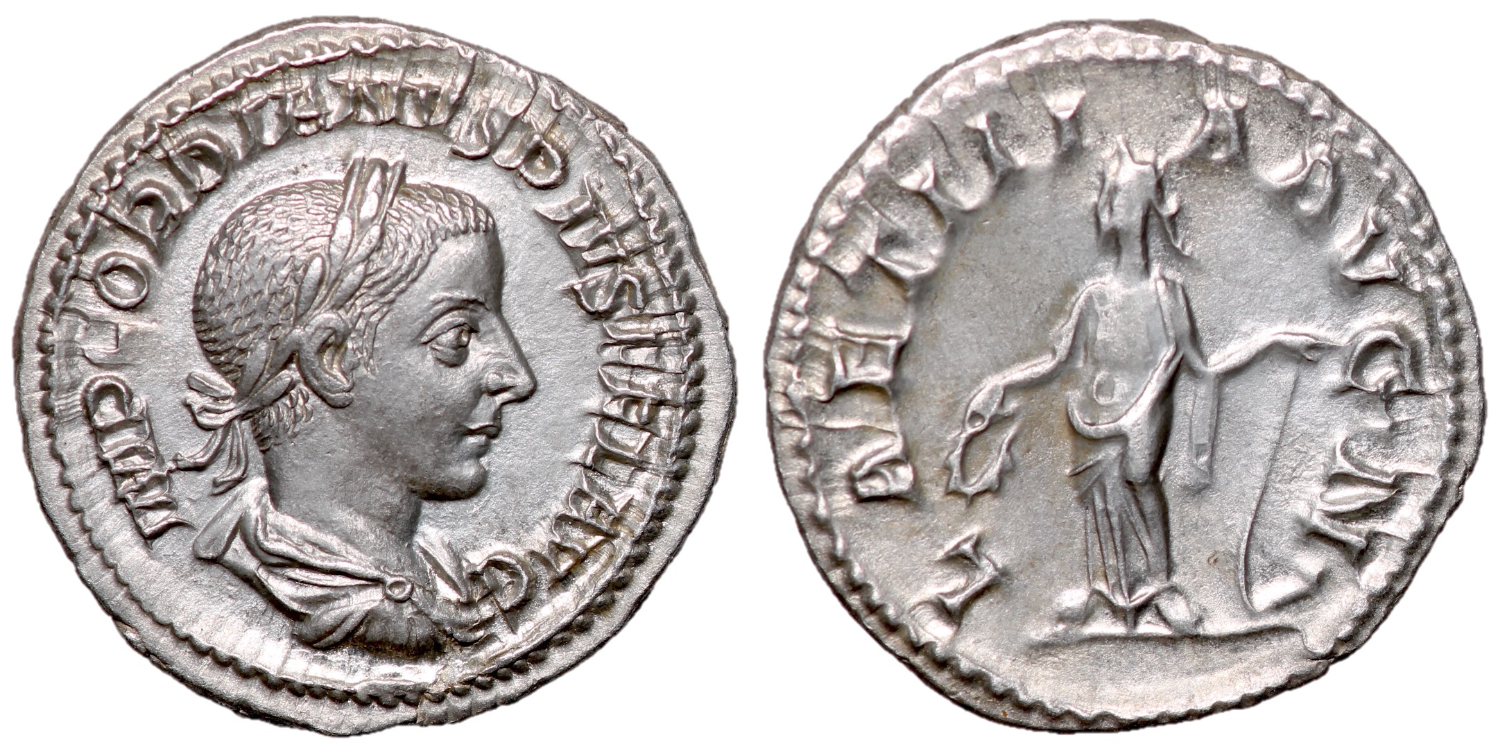 Gordian III, 238 - 244 AD, Silver Denarius with Laetitia, Near UNC