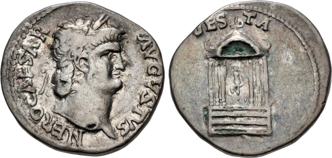 Nero, 54 - 68 AD, Fouree Denarius, Temple of Vesta | Roman Imperial Coins