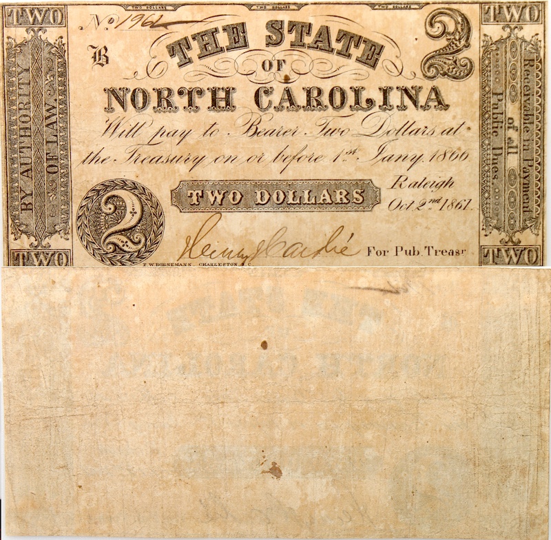 1861 Civil War, State of North Carolina $2 note October 6th 1861 1861 Civil War, State of North Carolina $2 note October 6th 1861