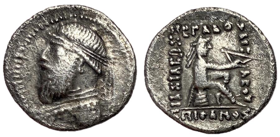 Ancient Coins - Kings of Parthia, Mithradates II, 121 - 91 BC, Silver Drachm, Rhagai Mint, Choice XF