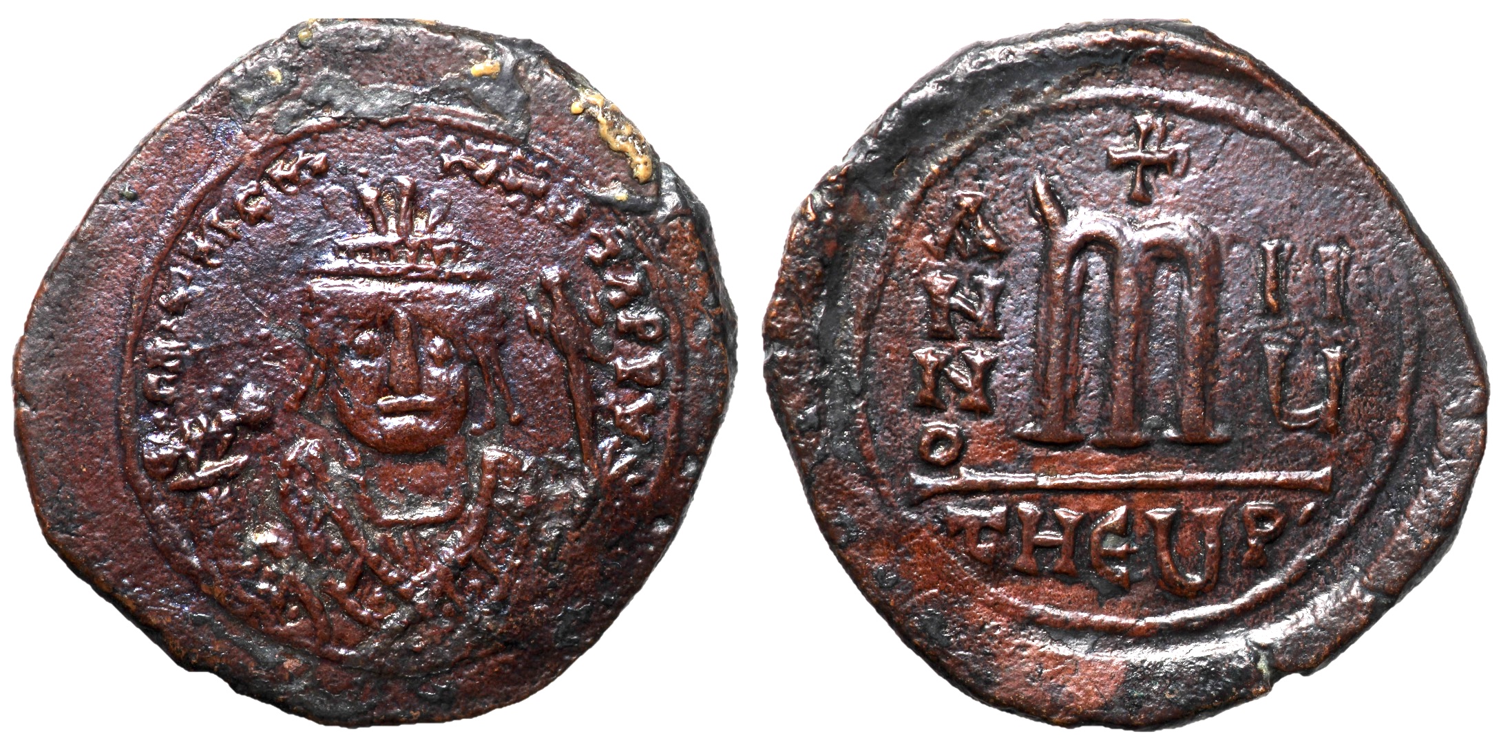 Maurice Tiberius, 582 - 602 AD, Follis of Theoupolis, 34mm | Byzantine ...
