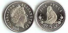 World Coins - Gibraltar KM775(U) 5 Pence (Queen Elizabeth and monkey)