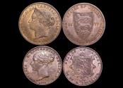 World Coins - Jersey, Victoria (1837-1901), Bronze 1/12 of a Shilling, 1877 (1), Copper 1/26 of a Shilling, 1861 (1), AU some lustre, a lot of (2) coins