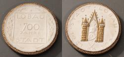 World Coins - German gold gilded white porcelain medal. Lobau, 70p year celebration