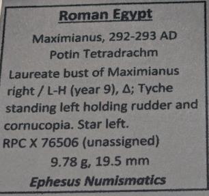 Ancient Coins - Roman Egypt, Maximianus, 292-293 AD. Billon tetradrachm  - Tyche