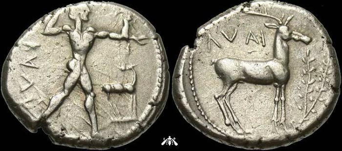 Ancient Coins - Bruttium, Kaulonia, 475-425 BC, AR Nomos - Apollo / Stag