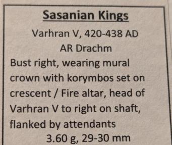 Ancient Coins - Sasanian Kingdom, Varhran V, 420-428 AD. AR dirham