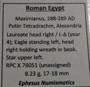 Ancient Coins - Roman Egypt, Maximianus, 288-289 AD. Billon tetradrachm, Eagle reverse
