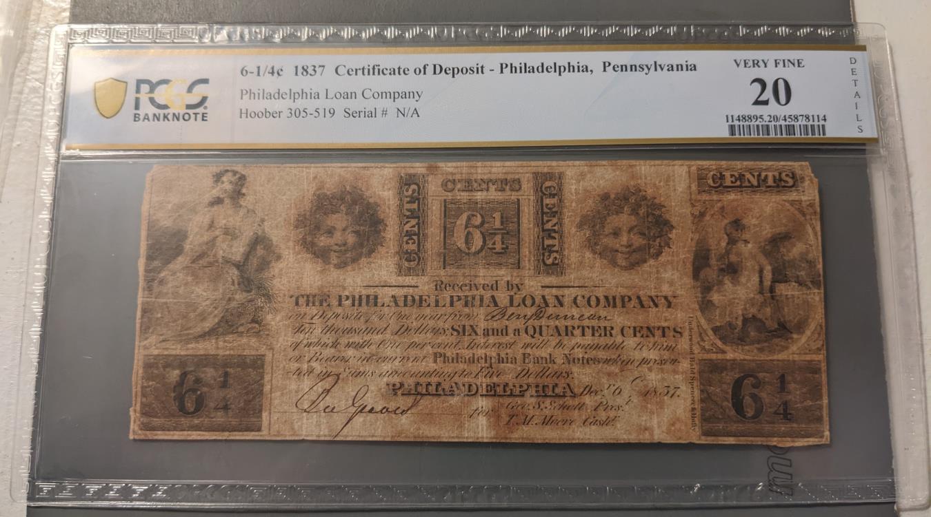 1837 Certificate of Deposit Philadelphia PA 6 1/4 cents US Paper Money