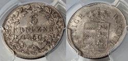 World Coins - 1850 6 Kreuzer, Wurttemberg.  PCGS MS65
