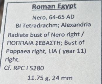 Ancient Coins - Roman Egypt, Nero, 64-65 AD. Billon tetradrachm - Poppaea