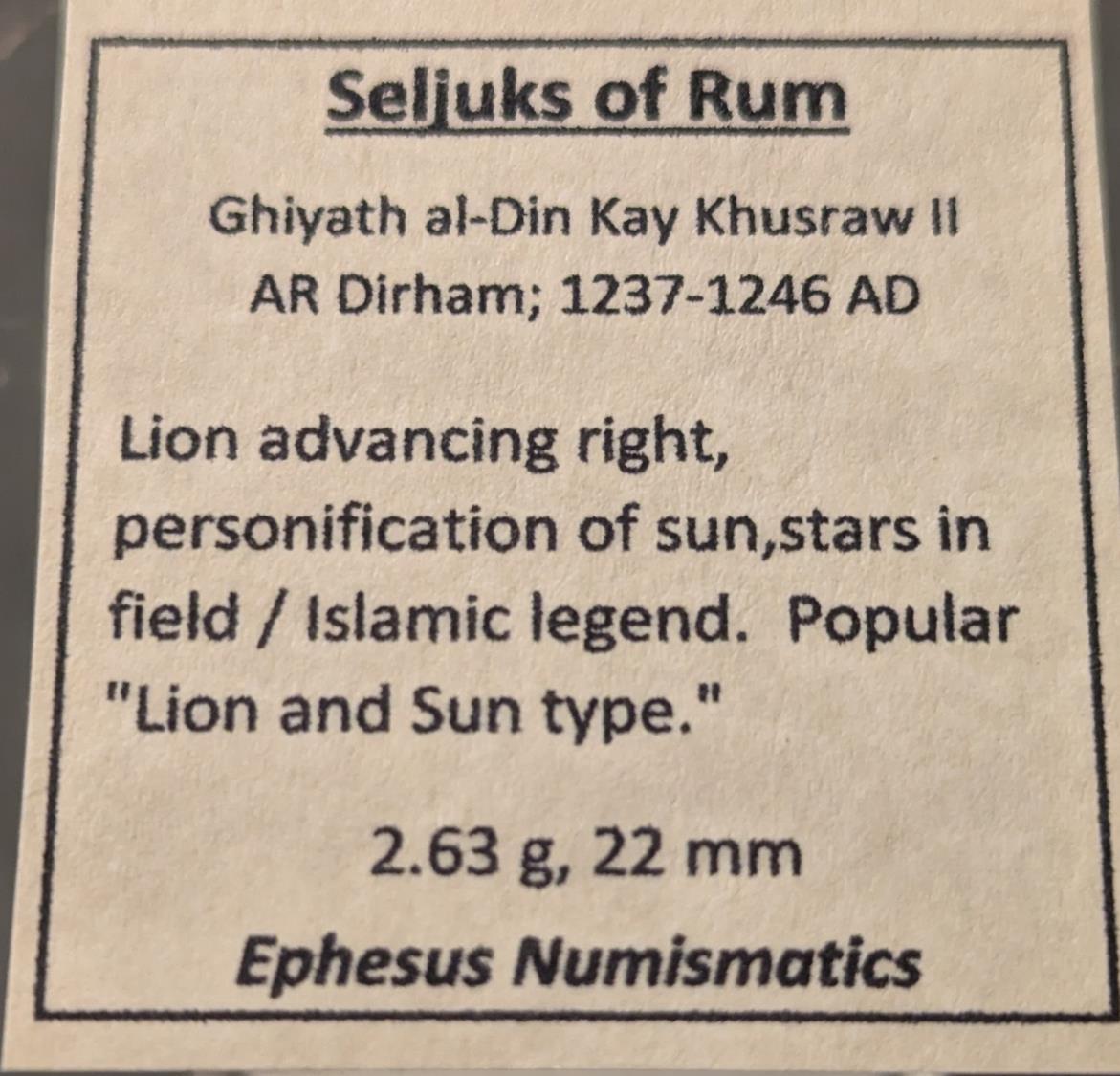 SELJUKs OF RUM. Kay Khusraw II, 1237-1246 AD. Lion & Sun