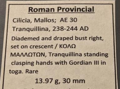 Ancient Coins - Cilicia, Mallos. Tranquillina, 238-244 AD.  AE30